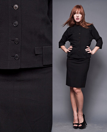 Vintage 60s Black Mod Pencil Skirt Suit Outfit 2-Piece Jackie O Small (26" Waist)