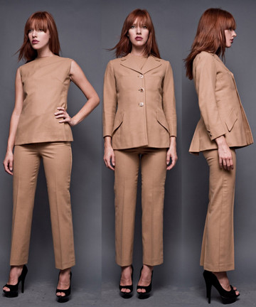 Vintage 60s 3-Piece Camel Hair Pant Suit Tailored Outfit Sleeveless Tunic Jacket Handloomed in Spain XS S (24.5" Waist)