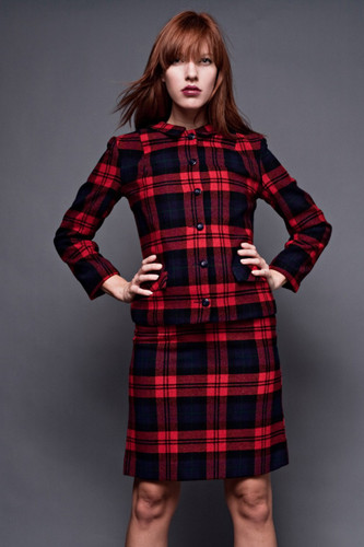 Vintage 60s Mod Wool Plaid A-Line Skirt Suit Mini Checker Tartan Red XS S (24" Waist)