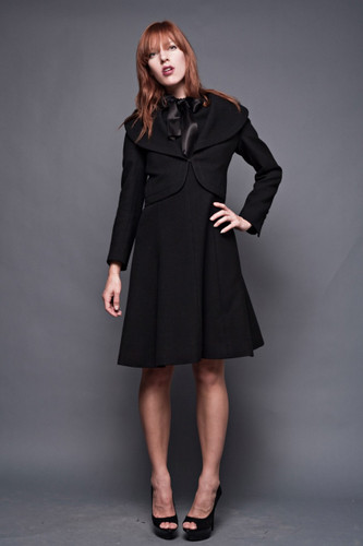 Vintage 60s Black Wool Ascot Flare Dress Crop Jacket 2-Piece S M (36" Bust)