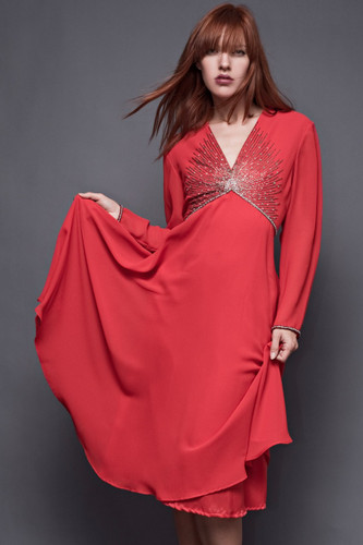 Vintage 70s Cocktail Party Dress Red Deep V Sequin Long Sleeves Flowy Soft Altered Plus Size 1X 2X (36" Waist)