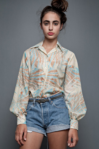 Vintage 70s Shirt Blouse Top Psychedelic Yellow Blue Butterfly Long Sleeves (40" Bust)