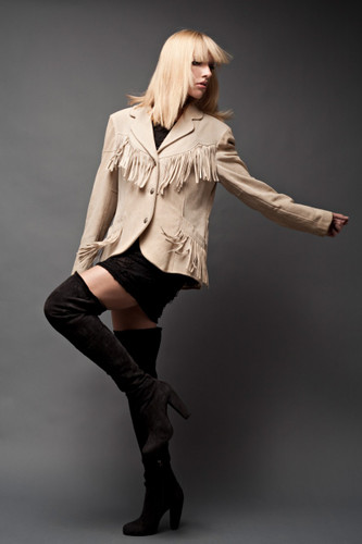 Fringed Suede Leather Jacket Tan Beige Western Genuine Pressed Nickel Buttons Pioneer Wear USA L (42" Bust) 