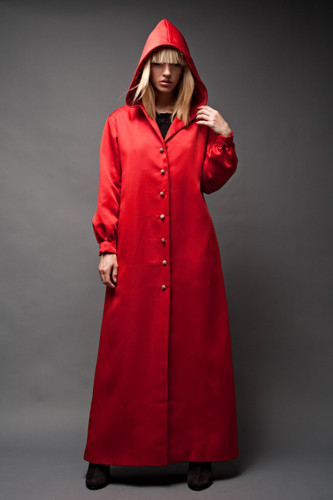 Vintage 60s Hooded Cloak Full Length Duster Coat Jacket A-Line Red Hood Overcoat Rhinestone Buttons ONE SIZE (42" Bust)