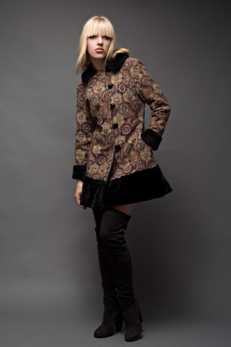 Vintage 60s Tapestry Floral Borogue Medallion Asymmetrical Peacoat Coat Faux Fur Trims XS S (38" Bust)