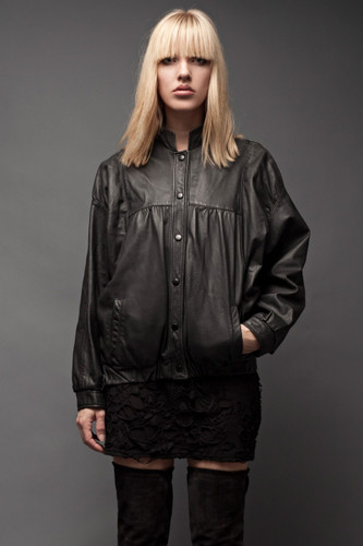 Vintage 80s Bomber Leather Jacket Black Batwing Dolman Long Sleeves Light ONE SIZE (46" Bust)