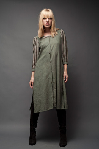 Vintage 70s Ethnic Mexican Blanket Wool Dress Sage Green Stripes Hippie Fall Midi (38" Bust)