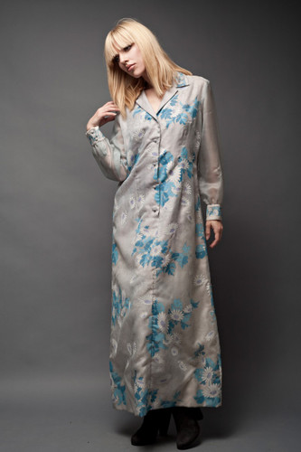 Vintage 70s Alfred Shaheen Maxi Floral Printed Dress Blue Purple Flower Sheer Long Sleeves L (40" Bust)