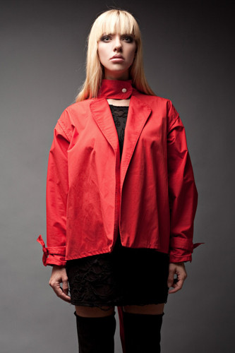 Vintage 80s Red Mini Trench Coat Epaulette Jacket Futuristic Puffy High Neck Pleated Sleeves Bow Belt ONE SIZE
