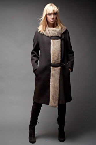 Vintage 50s Wool Coat Silver Mink Trim Rhinestone Buttons Gray L (44" Bust)