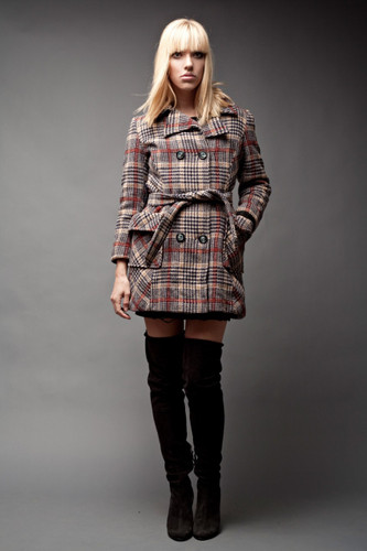 Vintage Peacoat Pea Coat Wool Tweed Plaid Houndstooth Sash Belt Double Breasted S M (38" Bust)