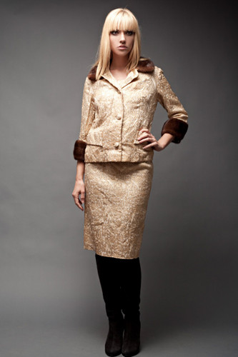 Vintage 50s Set 3-Piece Skirt Sleeveless Top Jacket Cream Gold Floral Brocade Mink Fur Trims M (28" Waist)