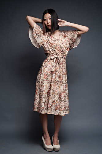 vintage 70s dress floral fluttery butterfly sleeves sheer plunging deep v cross neck brown