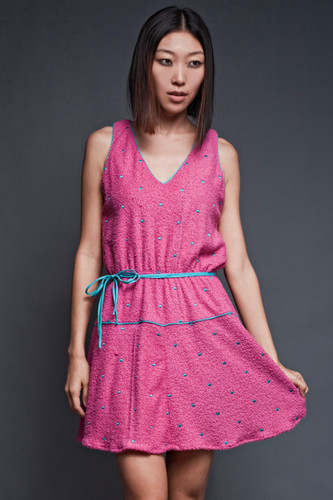 vintage 70s dress terry cloth pink blue polka dot mini dress (24"-30" waist)