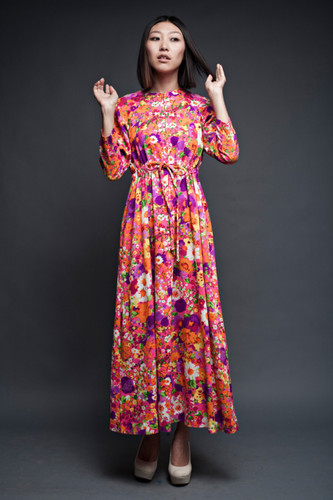 vintage 70s dress bright floral maxi empire long sleeves