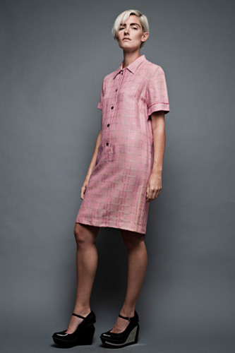 vintage 60s pink 100% Irish linen plaid shirt dress short cuffed sleeves L (42" Bust)