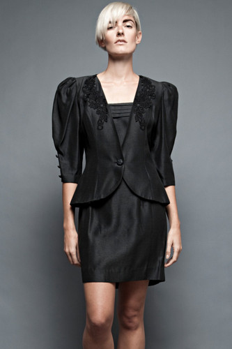 vintage 80s mini little black dress puff shoulders power jacket 2-piece set outfit LBD Shantung S M (35" Bust)