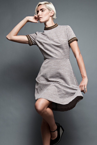 vintage 50s Cay Artley chinoiserie brown striped high collar dress M L (28" waist)