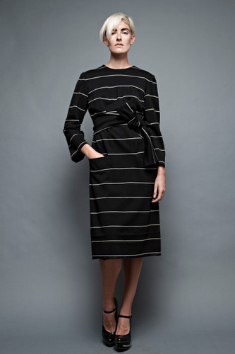 vintage 60s Donald Brooks shift dress wool knit black white stripes obi sash belt plus size 1X (44" bust)