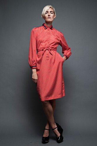 vintage 70s shirt dress silky flowy red white blue polka dot long sleeves ONE SIZE up to 1X plus size