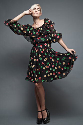 vintage 80s dress BILL BLASS sheer black silk ruffles colorful print flowy flouncy ONE SIZE