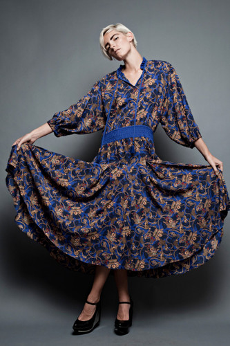 vintage 80s Diane Fres blue gold print silky polyester dress with full swing skirt ONE SIZE