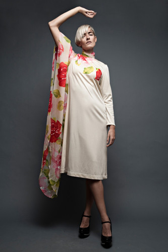 vintage 70s dress nude asymmetrical kimono sheer sleeve floral painted rose print ONE SIZE to L
