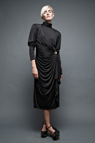 vintage 80s black dress slinky soft ruched gathered high collar party cocktail ONE SIZE to L