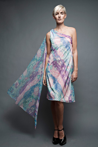vintage 70s goddess dress one shoulder watercolor purple sheer flowy scarf party cocktail ONE SIZE to L