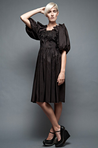 vintage 70s 80s party dress black pleated balloon sleeves floral embroidered eyelet neckline S (26" waist) :