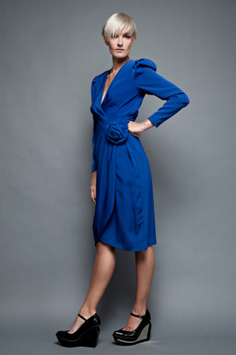 vintage 80s party cocktail dress cobalt blue deep plunging v neck faux wrap gathered rosette long sleeves S M (28" waist)