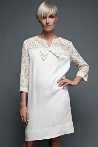 vintage 60s MOD yoke dress cream lace shift half sleeves bow M L (40" hips)