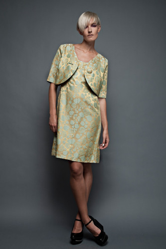vintage 50s dress coat crop jacket 2-piece set chartreuse green foliage jacquard L (39.5" bust)