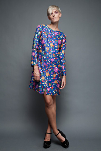 vintage 60s shift dress a-line MOD convertible coat jacket silk blue spring floral colorful long sleeves silk ONE SIZE