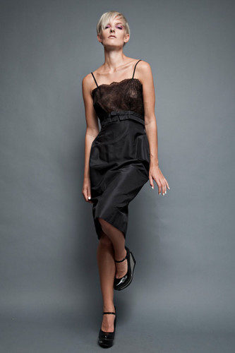 vintage 50s LBD little black dress empire party cocktail illusion lace shoulder straps Sam Friedlander L (40" bust)