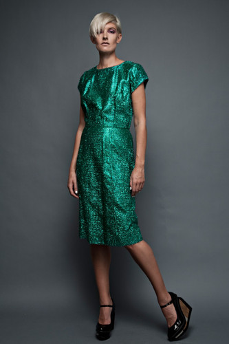 vintage 50s dress shiny green fuzzy metallic tinsel party cocktail (31" waist)