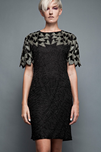 vintage 80s trophy dress sequins bugle beads black silver keyhole back silk party cocktail M (38" bust)