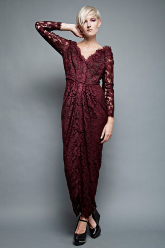 vintage 80s burgundy lace dress John Anthony gathered floral gown evening cocktail party L (28" waist)