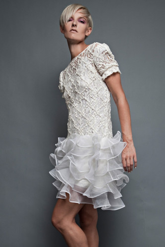 vintage 80s party dress white lace drop waist flouncy layered tiered hem ruffles doll sleeves M (38" bust)