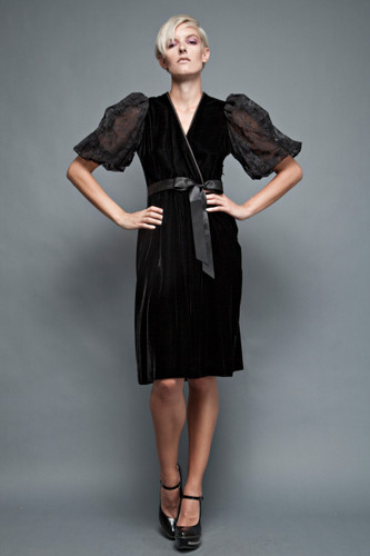 vintage 80s black dress party cocktail velvet lace balloon sleeves sash belt M L (38" bust)