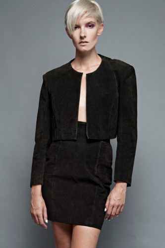vintage 80s Wilsons black suede leather outfit 2-piece crop jacket mini skirt pencil high waisted S M (25" waist)