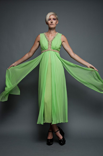 vintage 70s dress maxi gown flowy lime green empire sheer embellished goddess sleeveless (28" waist) :