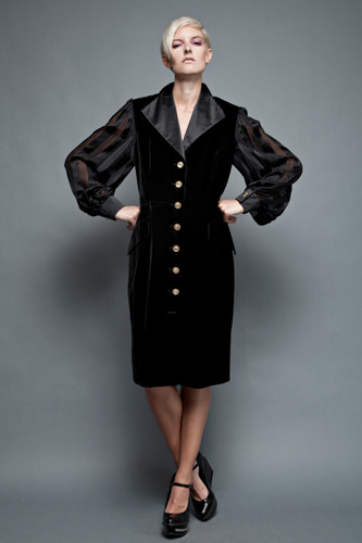 ESCADA Couture black velvet dress sheer long sleeves gold + rhinestone buttons 42 XL (42" bust)