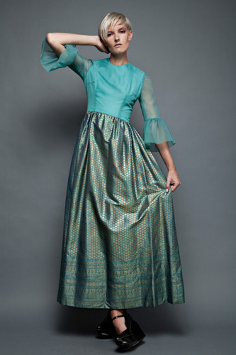 vintage 70s maxi dress gown seafoam blue green sheer bell sleeves Asian metallic gold jacquard gathered skirt (26" waist)