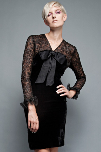 vintage 60s LBD little black dress party cocktail velvet shimmery illusion lace bow ribbon ruffled long sleeves S (26" waist)