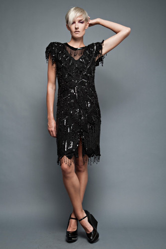 vintage 80s LBD black trophy dress sequins fringes beads silk M