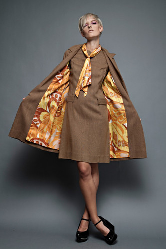 vintage 60s MOD op art 2-piece brown orange dupioni ascot dress jacket coat stewardess scarf  M L