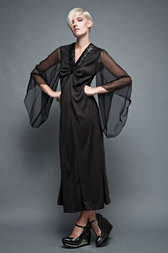 vintage 70s black maxi hostess dress sheer bell angel sleeves sequinned v neck plus size XL 1X (42" bust) :