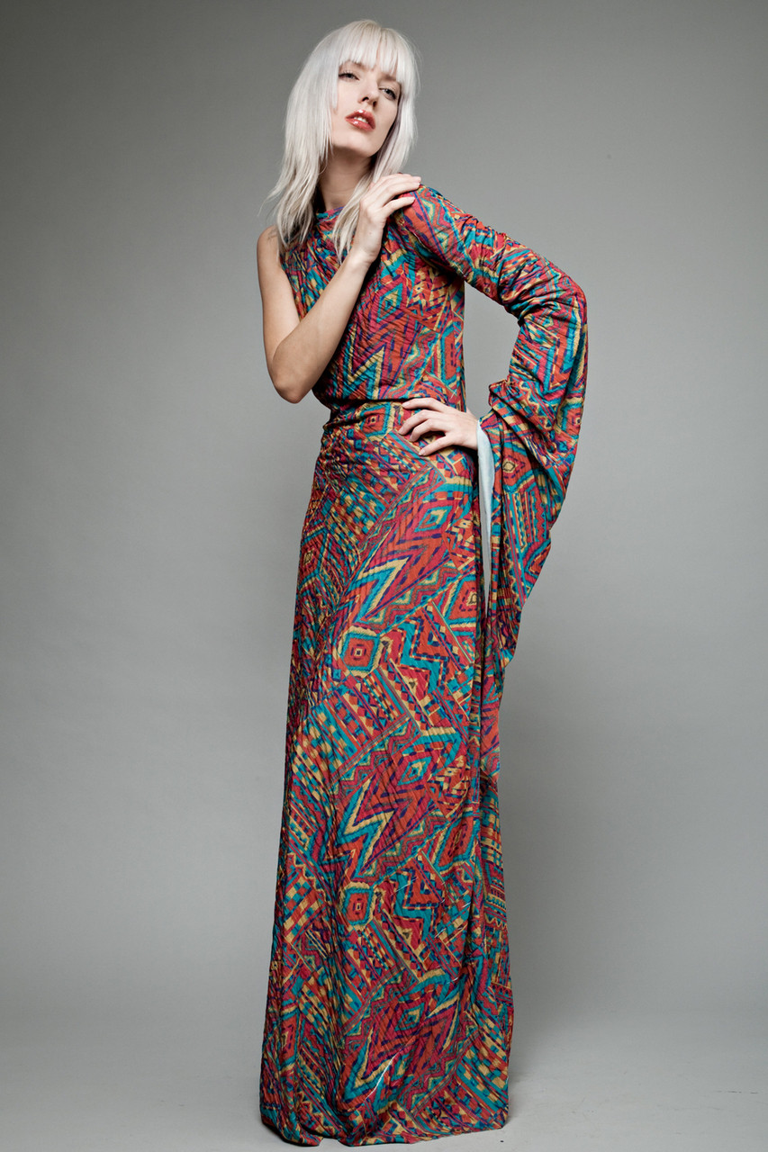 vintage 70s maxi dress avant garde asymmetrical long sleeve ...
