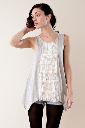 Millau Heather Gray Sleeveless Uneven Hem Lace Ruffled Top SMALL